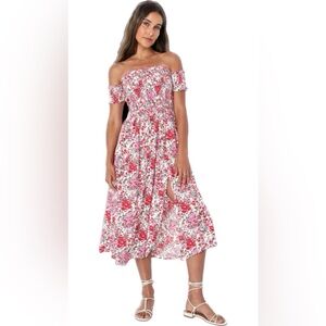 Lulus View from the Meadow Cream Floral Print Off-the-Shoulder Dress